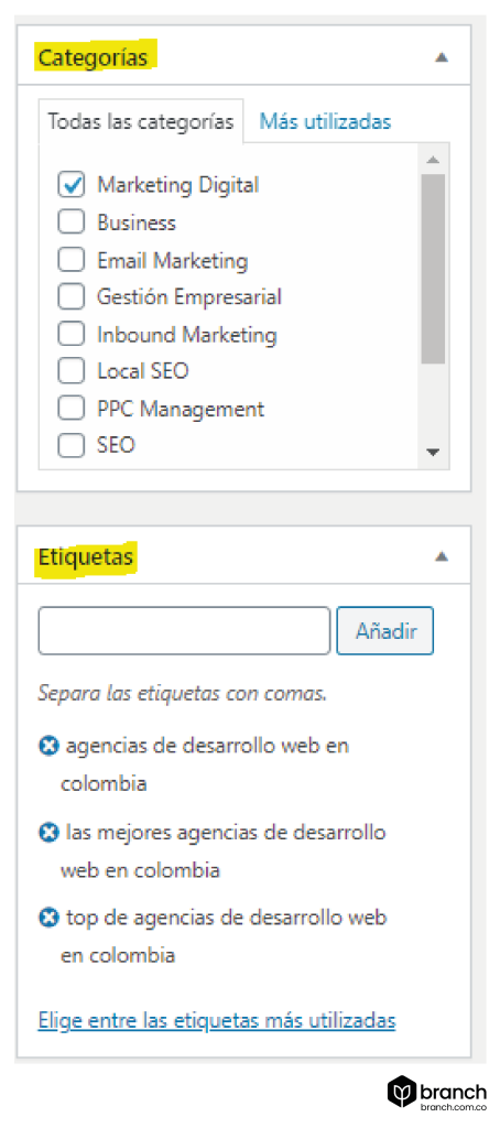etiquetas y categorias en wordpress
